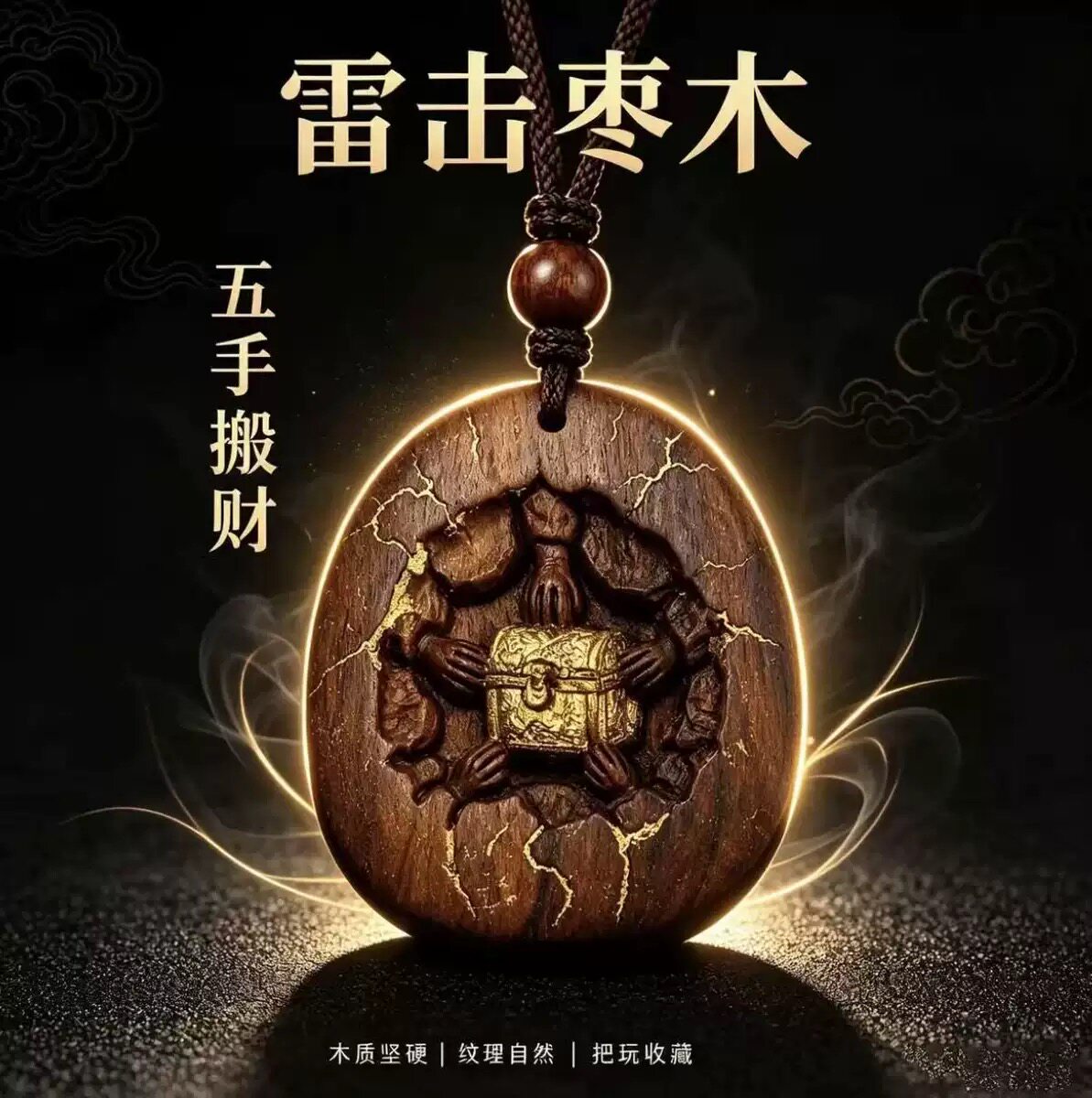 【龙虎山直发】道家工艺雷击木五手搬宝雕刻圆牌手把件挂饰挂件