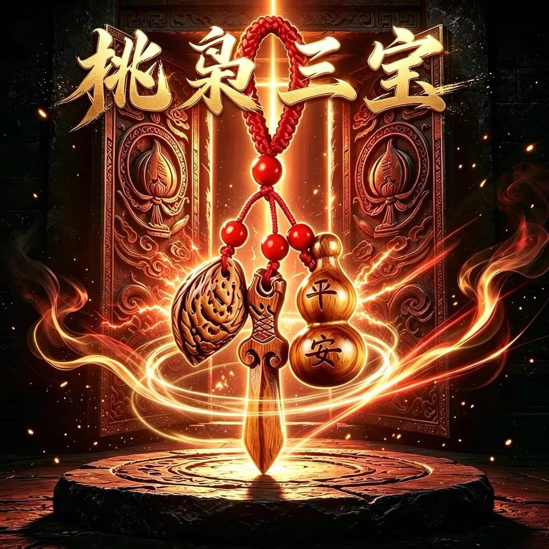 【先生推荐】桃木葫芦野生桃枭三宝钥匙扣随身宝剑木雕汽车内挂件