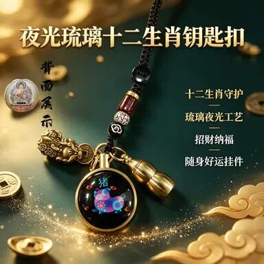 【先生推荐】黄铜夜光琉璃十二生肖朱砂小葫芦手工编织转转钥匙扣
