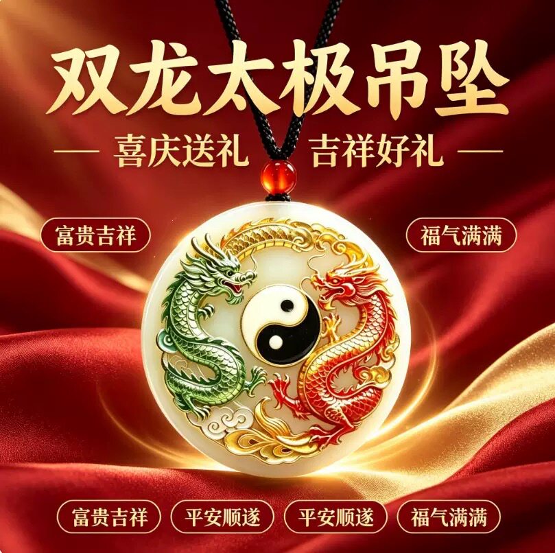 国潮手工精雕双龙太极吊坠阴阳双龙护主平安圆牌挂饰国风珐琅彩