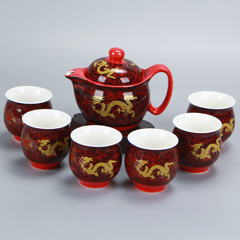 7头色釉双层防烫青花陶瓷功夫茶具套装泡茶壶家用整套茶杯陶瓷双