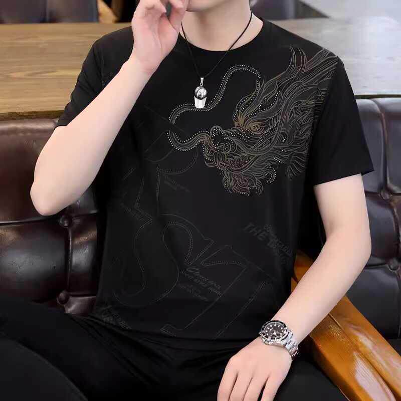 欧洲站冰丝短袖t恤男款夏季新款烫钻龙头印花休闲圆领大码打底衫