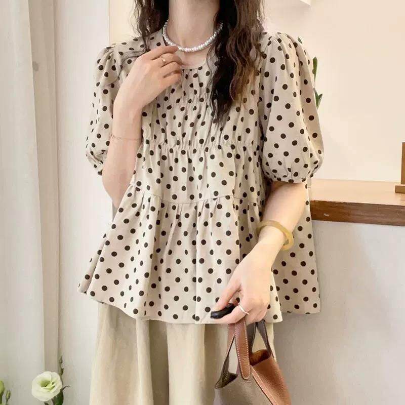 波点短袖衬衫女夏季2024年新款设计感小众宽松显瘦泡泡袖短款上衣