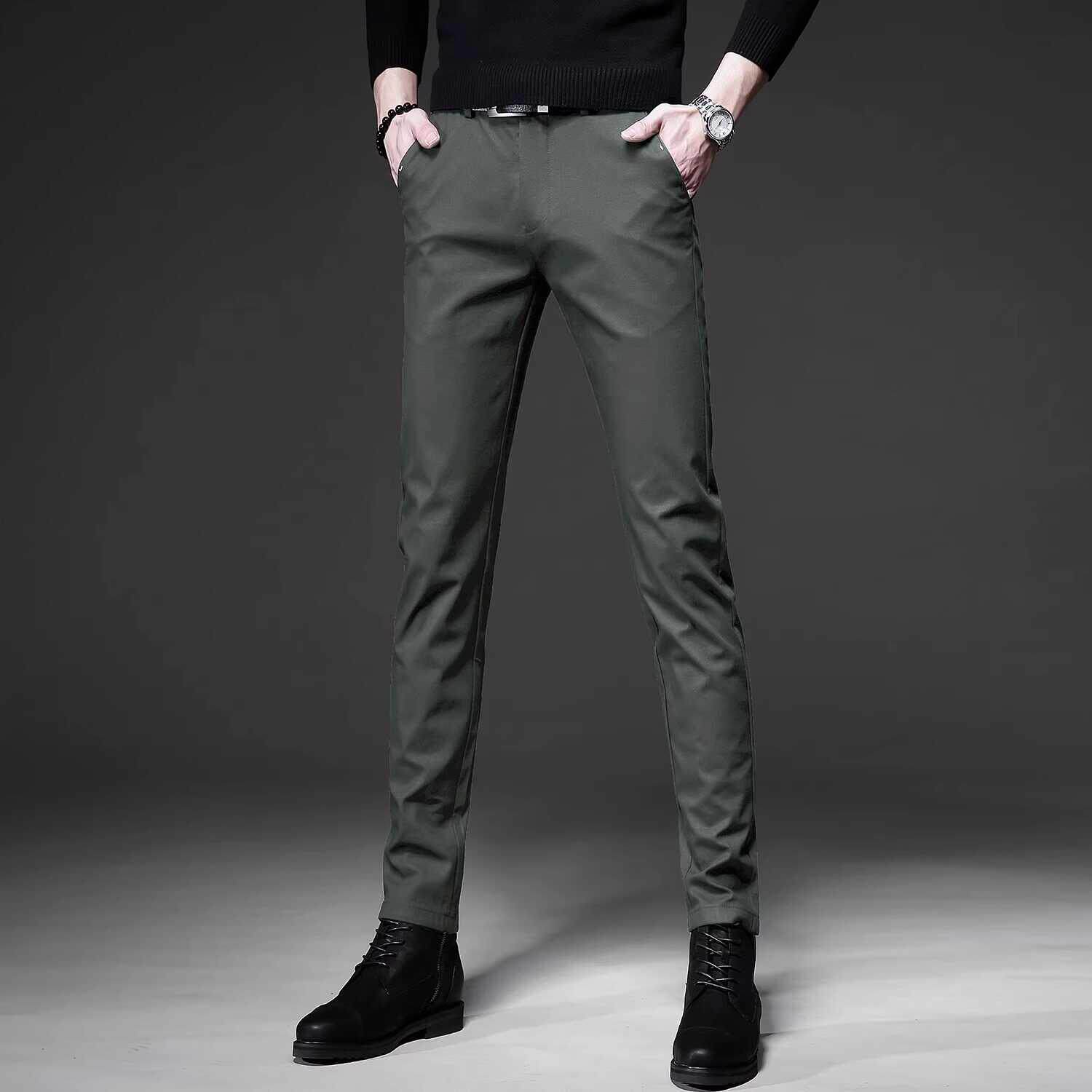 高端军绿色休闲裤男款2024新款夏季韩版修身小脚百搭西裤商务长裤