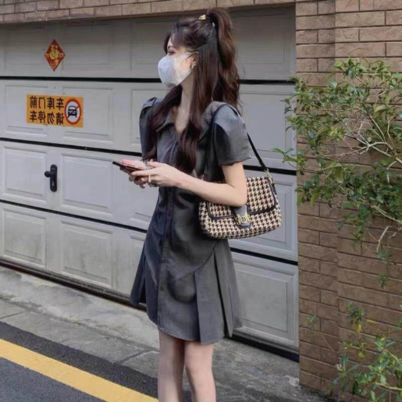 欧洲站夏季新款法式复古高级感a字裙收腰小个子灰色衬衫连衣裙女
