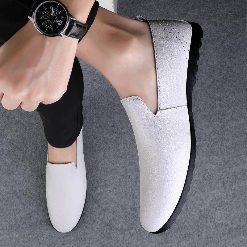 2024夏季新款皮鞋男真皮透气薄款软底白色休闲鞋一脚蹬懒人豆豆鞋