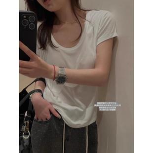 休闲风高级感小个子露锁骨面膜冰丝t恤 2024夏季 新款 U领短袖 女短款