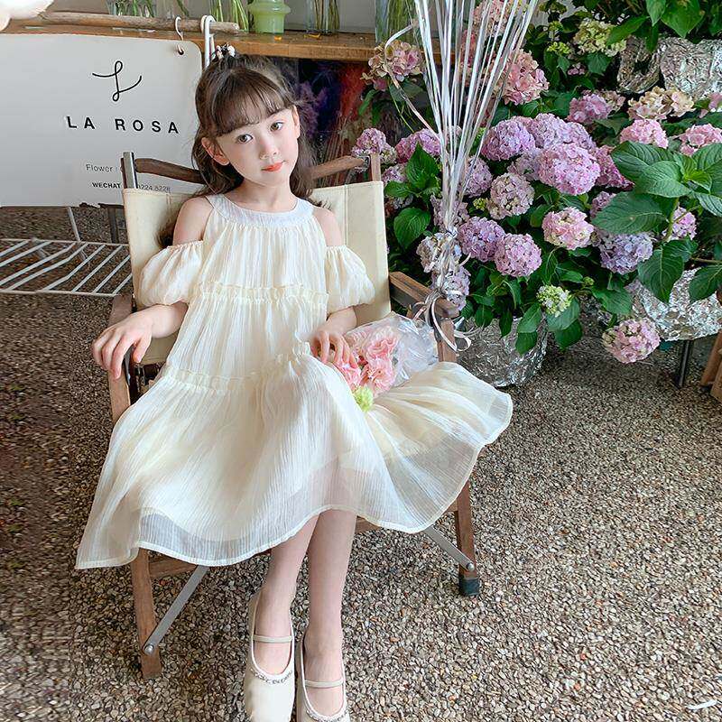 韩国女童夏装连衣裙2024新款夏天裙子儿童露肩公主裙小女孩雪纺裙