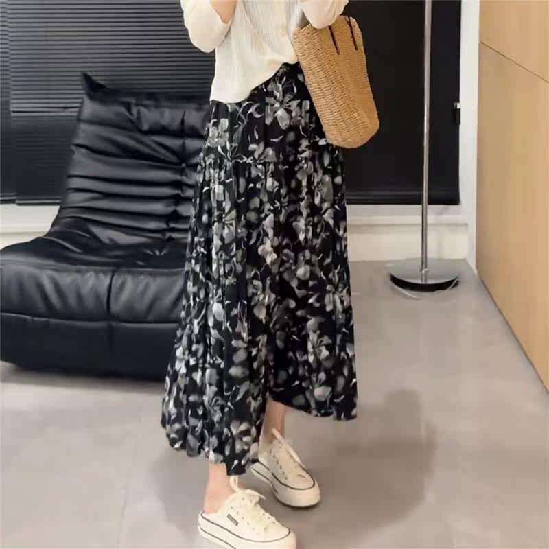 黑色碎花半身裙女夏季2024新款小个子高腰垂感显瘦气质a字大摆裙