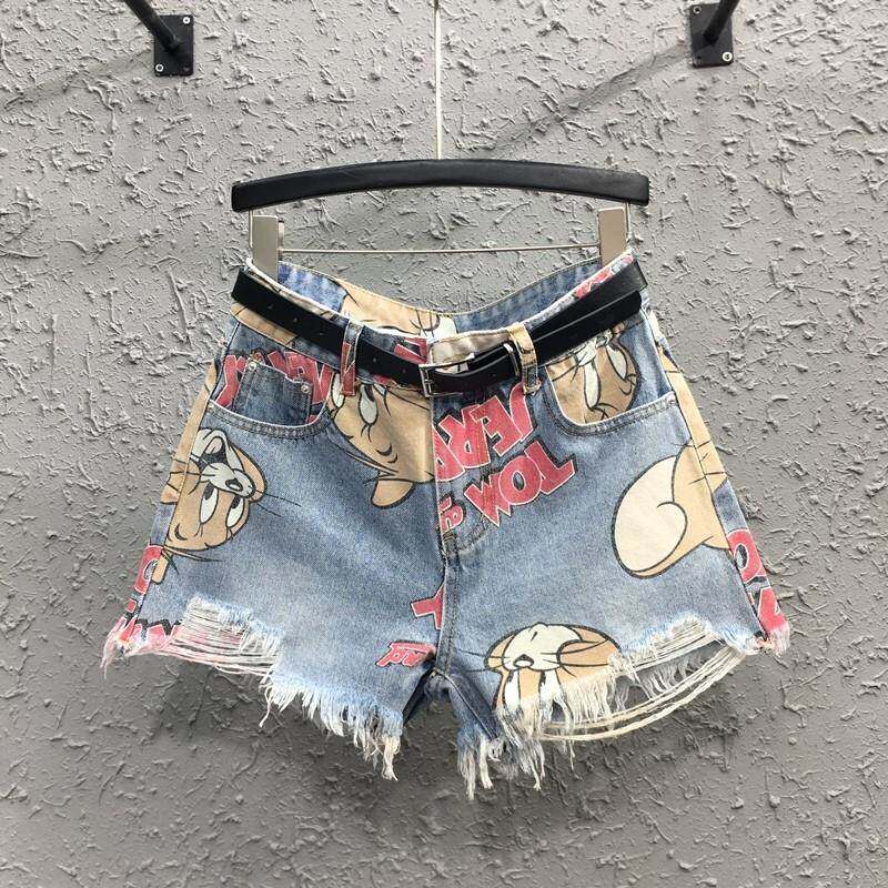 潮牌卡通印花牛仔短裤女时尚夏季新款高腰显瘦破洞毛边阔腿热裤女