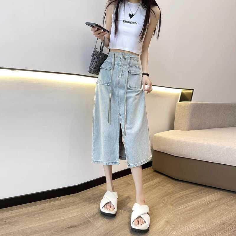韩国高腰开叉半身裙女2024夏季新款复古显瘦包臀中长款A字牛仔裙