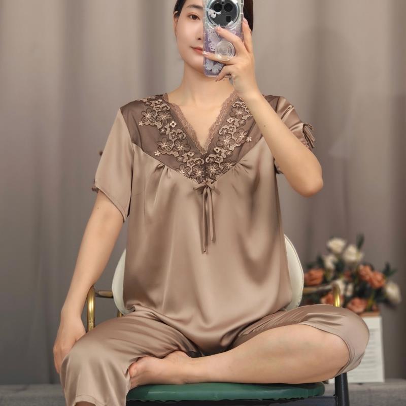 中年妈妈睡衣女夏季真丝短袖七分裤大尺码桑蚕丝家居服母亲节礼物