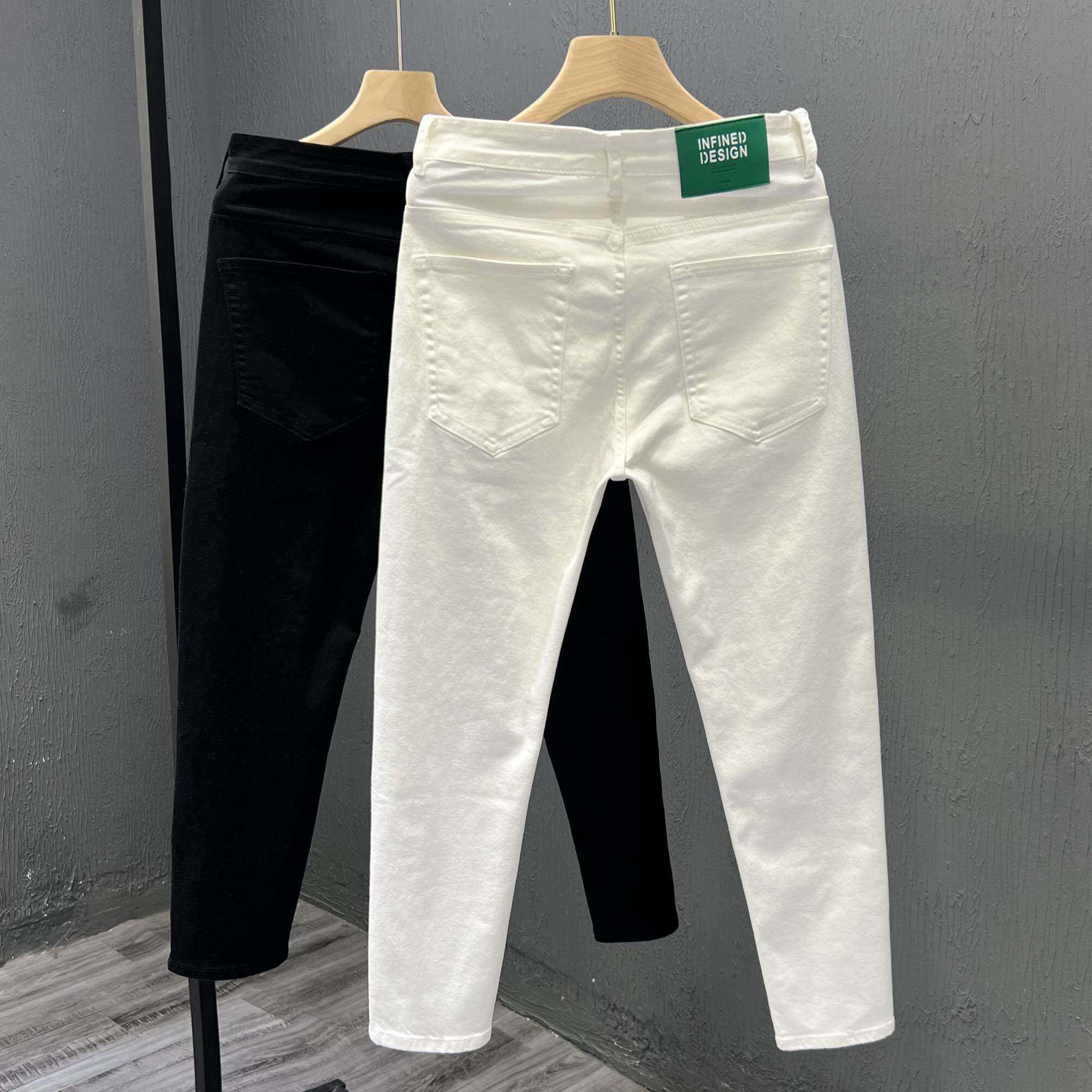白色九分牛仔裤男潮牌夏季薄款休闲百搭男士修身小脚直筒弹力长裤