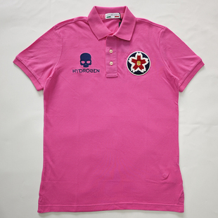 HYDROGEN正品男装短袖POLO衫刺绣玫红纯棉珠地料翻领直筒大码男装