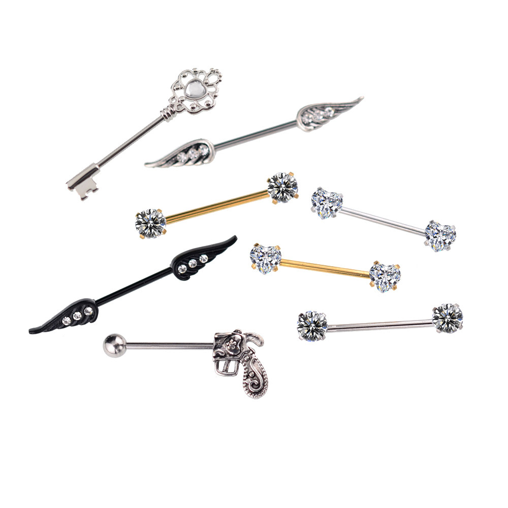 TITANIUM STEEL PERFORATED ORNAMENT DELICATE INLAY ZIRCON KEY MENS AND WOMENS GOLD STRAIGHT ROD PERFORATED BODY RING COUPLE KOREAN THIN ROD