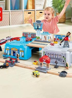 HapeE3773木制电动火车轨道交运枢纽收纳套装宝宝儿童益智玩具3岁