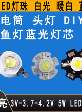 超亮5瓦大功率LED灯珠5W蓝光白光钓鱼灯看漂灯夜钓灯3.7Vled灯泡