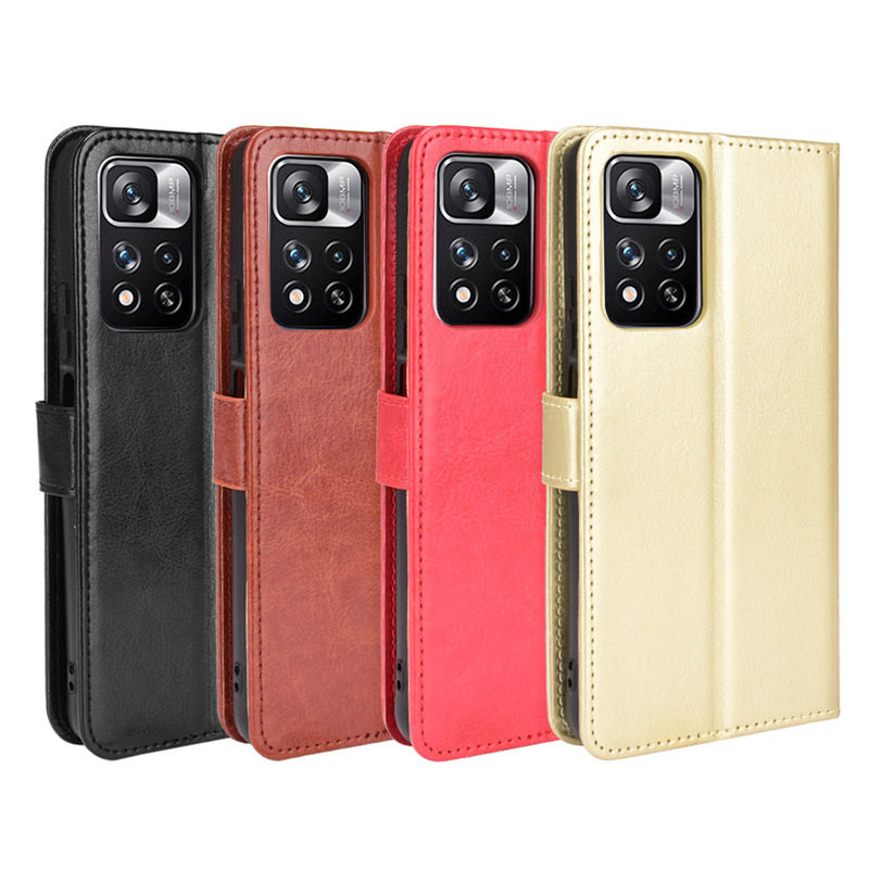 适用小米11i 2022手机壳mi Poco X4 Nfc手机皮套翻盖疯马纹插卡绳