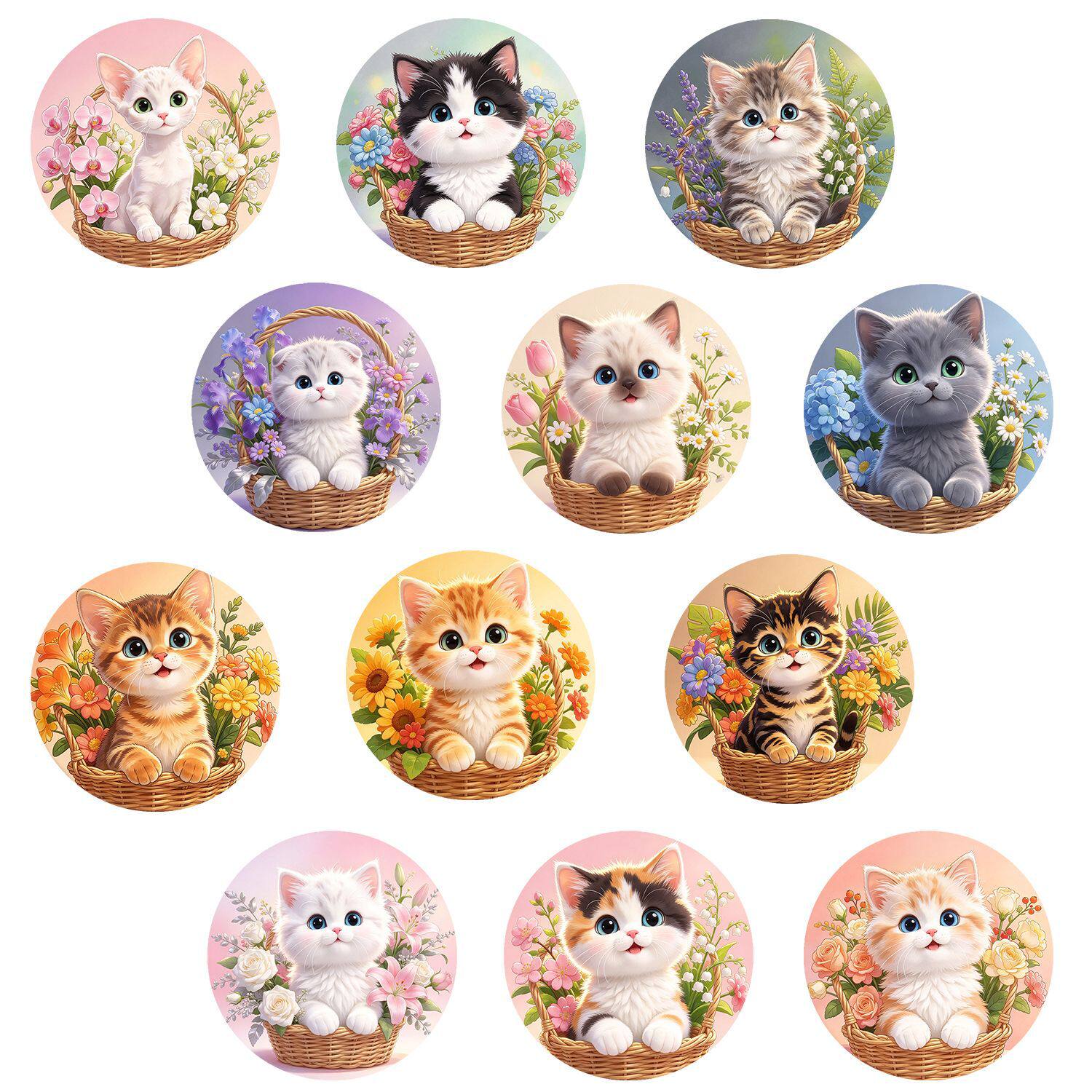 清新猫咪玻璃冰箱贴多款花卉花篮小奶猫可爱手绘圆形磁吸贴纪念品