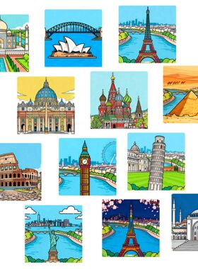 炫彩建筑插画悉尼歌剧院金字塔国外著名建筑方玻璃贴片软磁冰箱贴