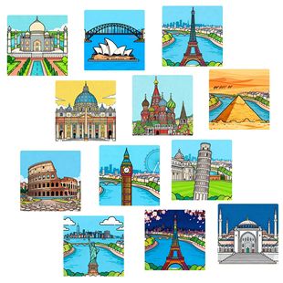 炫彩建筑插画悉尼歌剧院金字塔国外著名建筑方玻璃贴片软磁冰箱贴