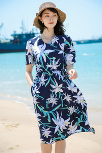 碎花棉绸连衣裙女2026年夏装新款收腰显瘦喇叭袖沙滩海边度假裙子