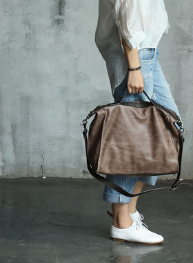 角落原创手工复古头层牛皮大包灰色真皮包公文包男女斜挎包2364#