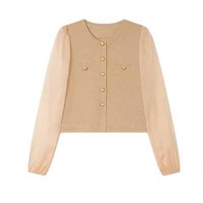 专柜价689【语】时尚洋气网纱拼接长袖圆领针织开衫10124/乐-296