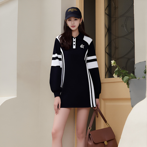 太系列剪标秋季新款时尚翻领撞色拼接连衣裙MZ4G58/7-176
