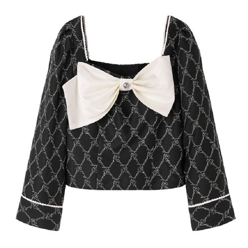 太系列剪标新款时尚设计黑色方领蝴蝶结外套春女装MY2A41/十-49