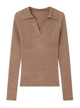 专柜价559【语】简约坑条V领秋季新款气质翻领针织衫30145/乐-154