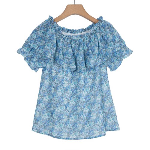 【衣香】剪标女装夏季新款荷叶边一字肩短袖碎花雪纺衫S31052/2-6