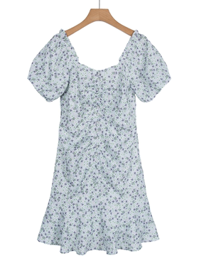 专柜价1899【摩S克】优雅清新碎花一字肩泡泡袖连衣裙50001/1-17