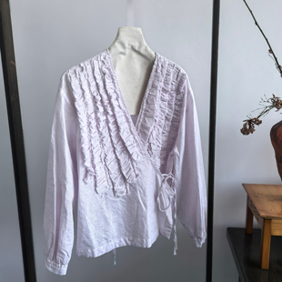 衬衫 v领长袖 女甜美设计感百搭小众系带上衣 国风春夏款 2025新中式