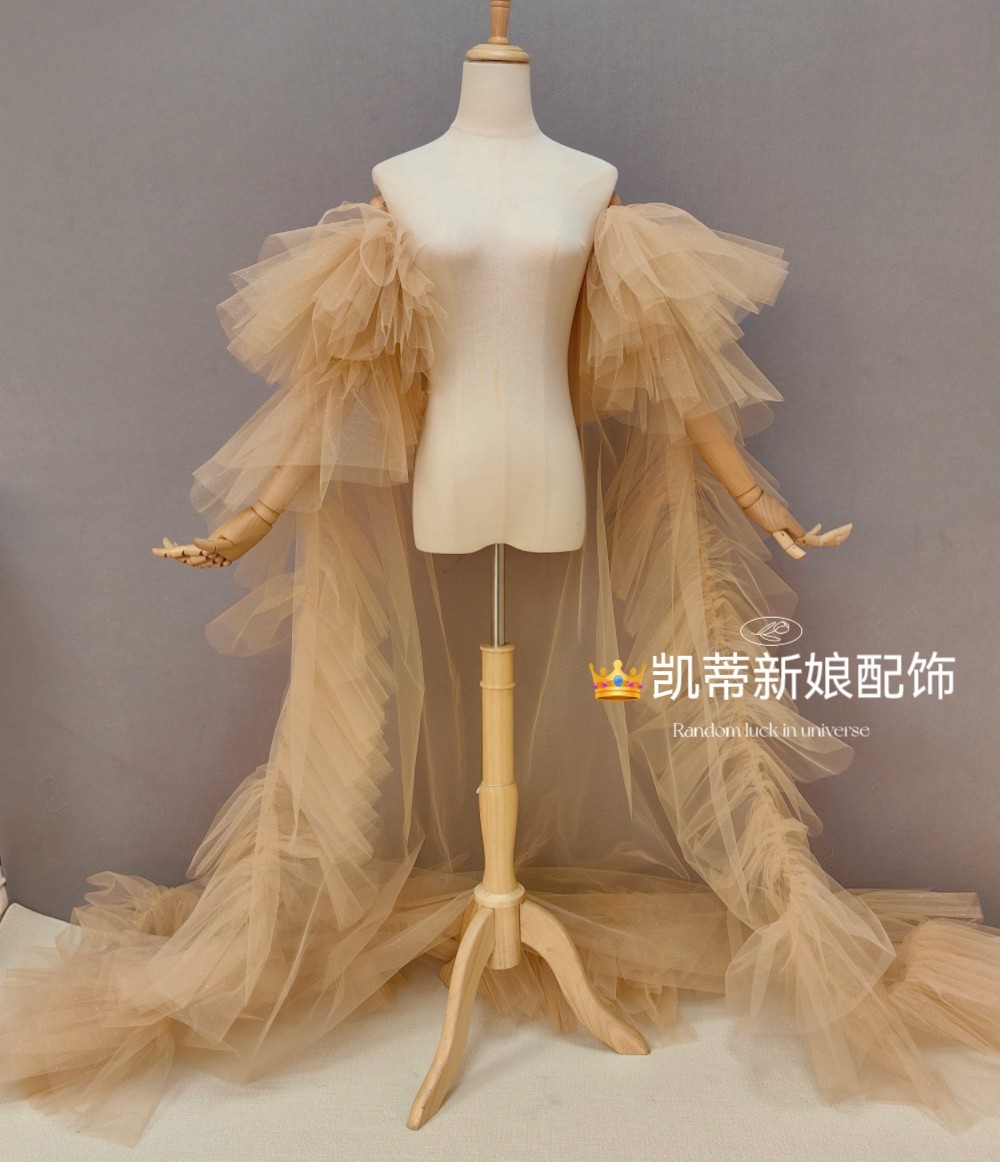 香槟喷金洒金亮闪网纱中硬造型旅拍摄影主题婚纱配饰手袖披风拖尾