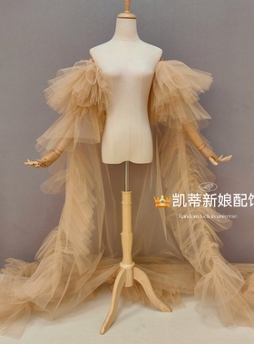 香槟喷金洒金亮闪网纱中硬造型旅拍摄影主题婚纱配饰手袖披风拖尾
