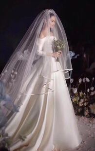 张馨予同款头纱超长三米宽幅拖尾软纱面纱缎面包边头纱带发梳