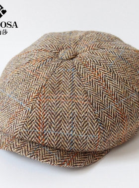 KAMOSA进口英国哈里斯羊毛八角报童帽复古大头围帽子Harris Tweed