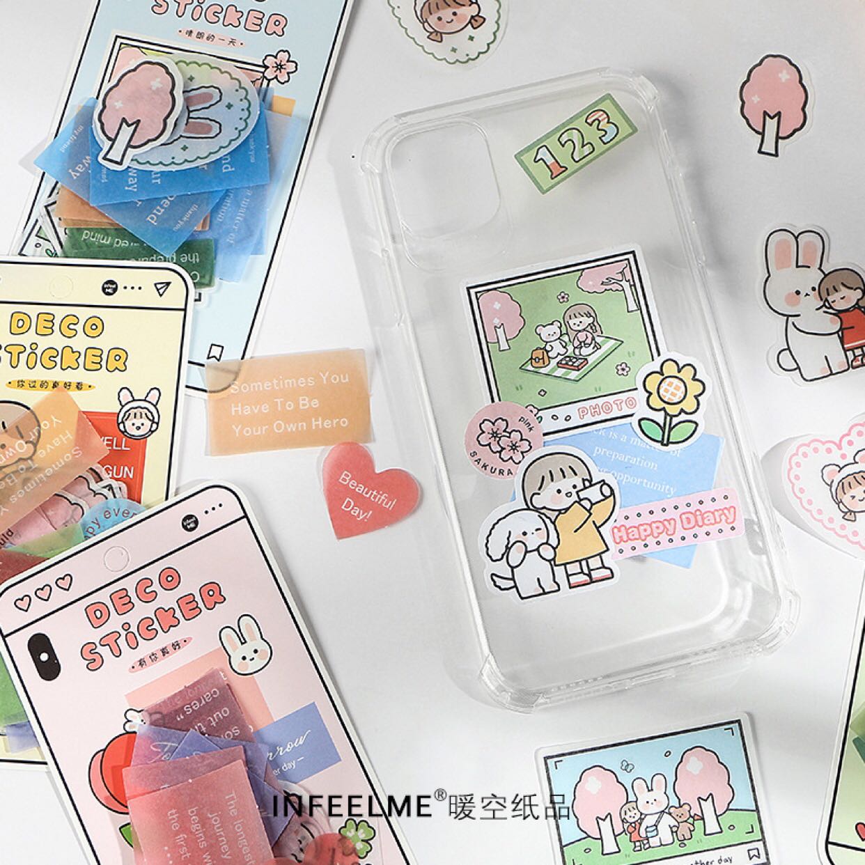 创意晴朗的一天清新可爱卡通女孩贴纸手帐素材包装饰硫酸纸贴画