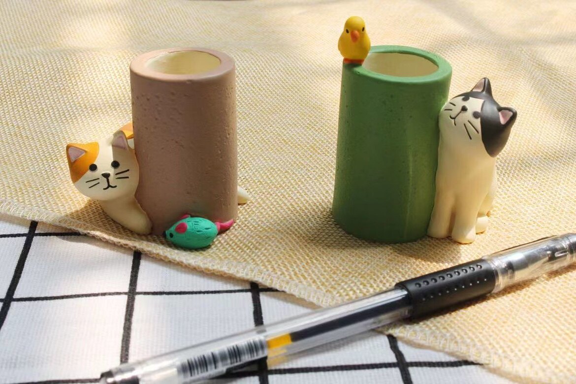zakka日式三毛猫小鸟少女心创意笔筒回形针唇膏收纳文具桌面摆件