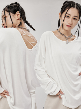 CYRM街舞潮牌爵士复古宽松长袖慵懒交叉露背T恤上衣嘻哈跳舞罩衫