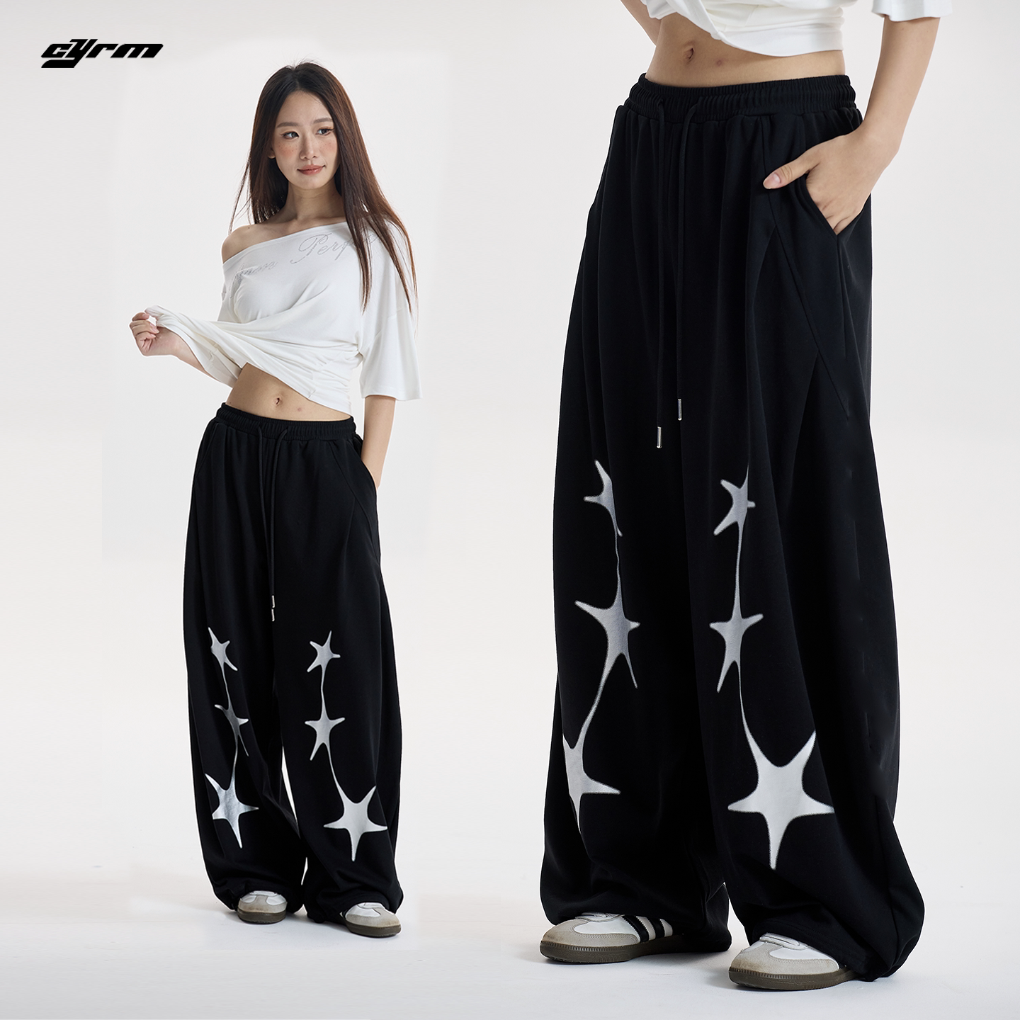 CYRM美式嘻哈风星星印花卫裤女夏季新款宽松街头休闲黑色薄款长裤