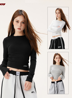CYRM街舞潮牌美式辣妹修身短款长袖T恤女kpop爵士舞跳舞内搭上衣