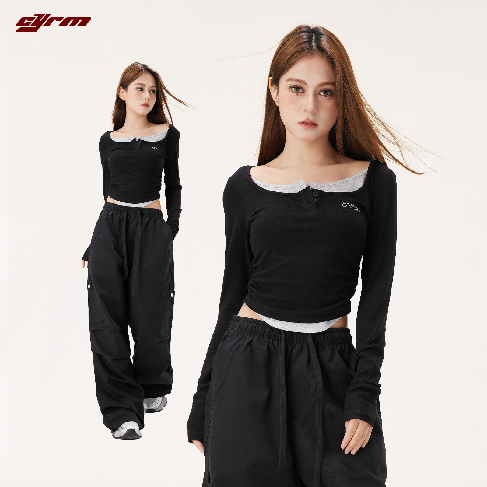 CYRM街舞潮牌美式辣妹短款假两件长袖T恤女爵士跳舞修身打底上衣