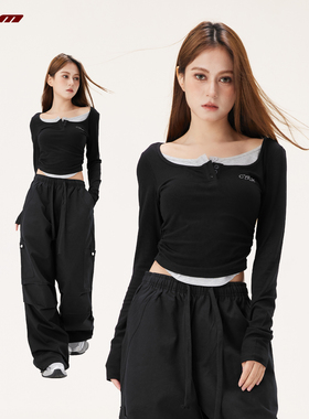 CYRM街舞潮牌美式辣妹短款假两件长袖T恤女爵士跳舞修身打底上衣