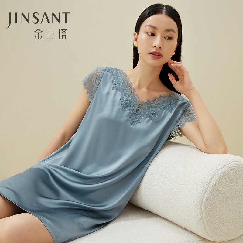 丝滑舒适]重磅19mm100%桑蚕丝 纯色睡衣女V领真丝春夏睡裙金三塔