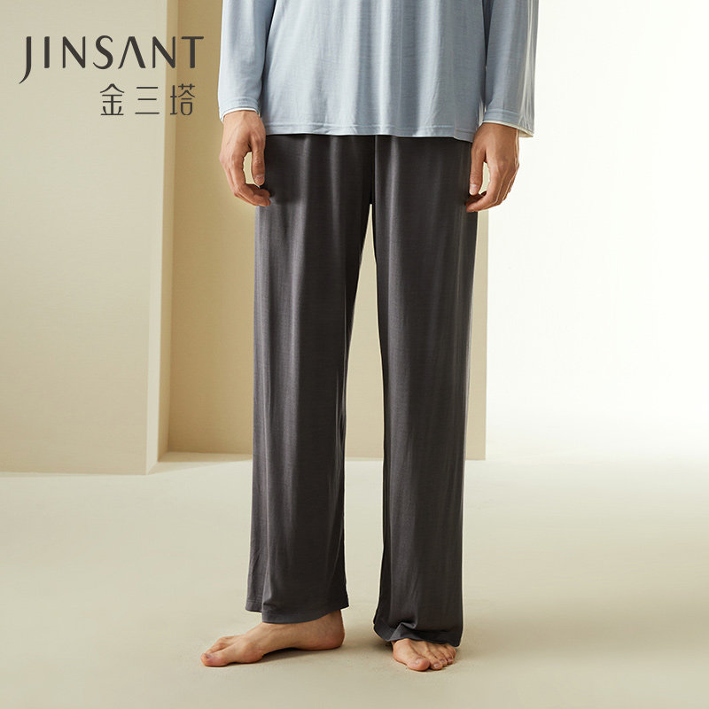 金三塔100%桑蚕丝可外穿真丝直筒裤男家居睡裤长裤家居服春秋款