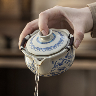 青花汝窑手抓壶便携旅行泡茶器防烫一壶三快客杯繁花旅行茶具套装