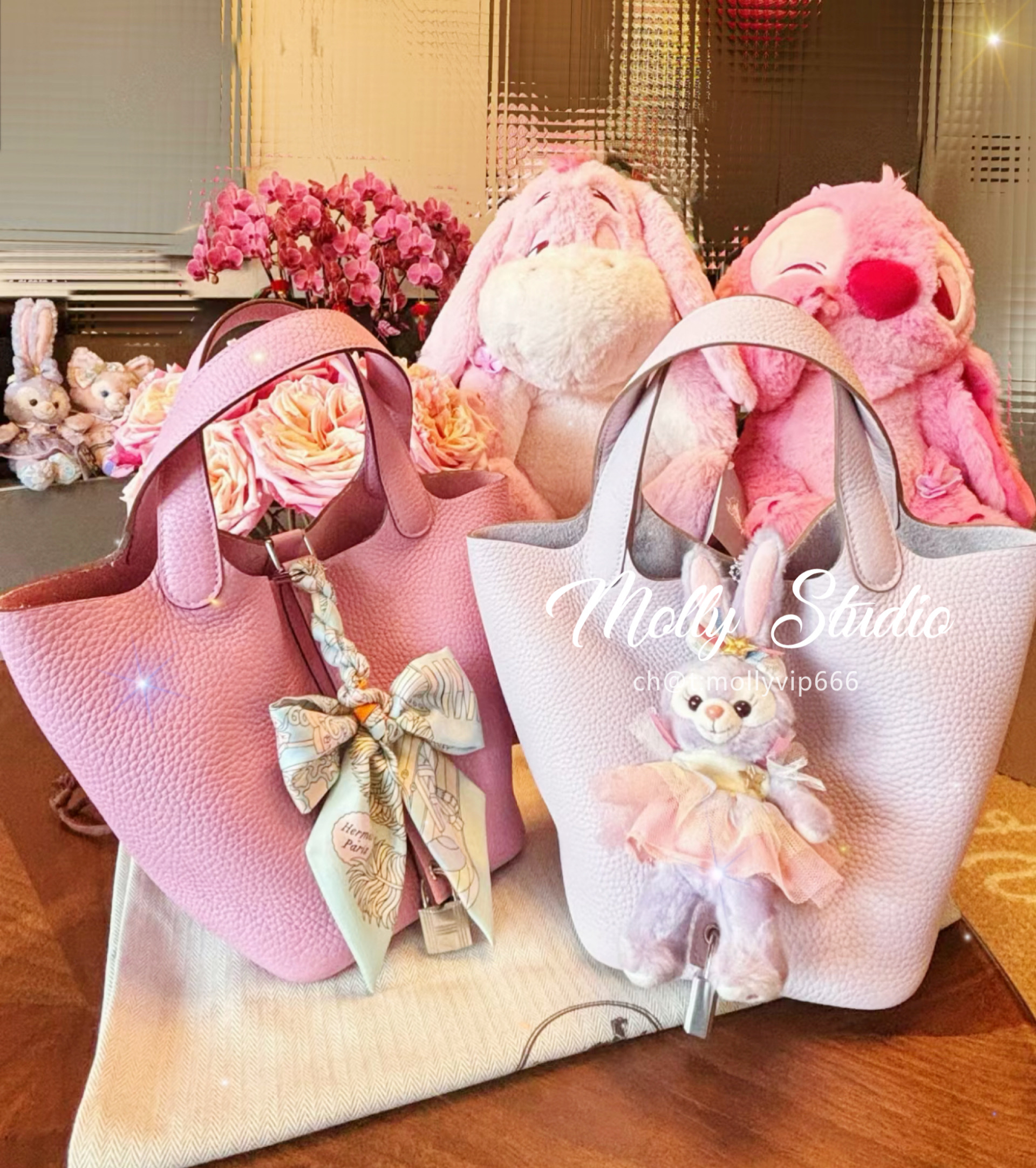 h家菜篮子水桶包老金纯手缝蜡线奶昔粉3Q温柔仙女18picotin樱花