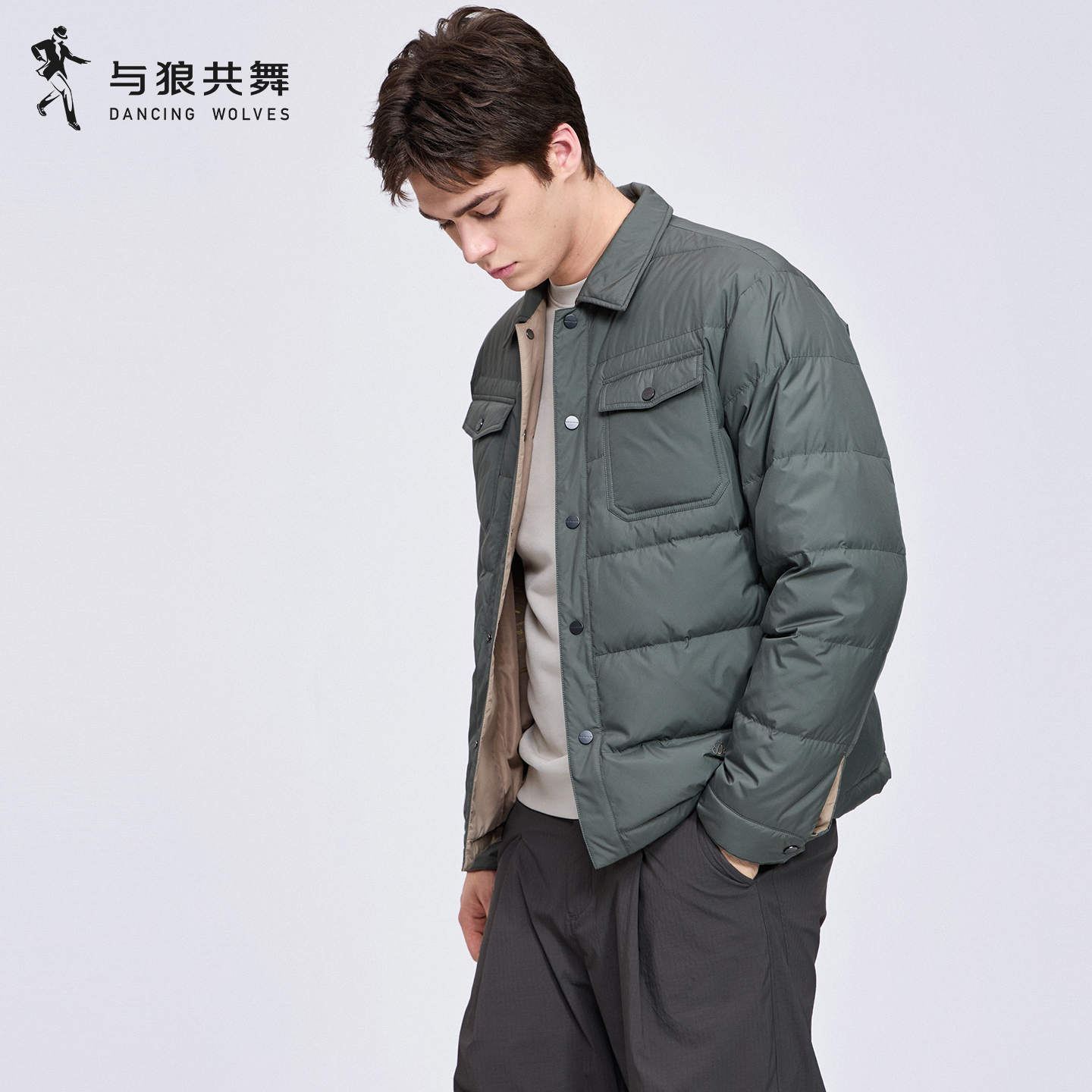 【鹅绒】与狼共舞翻领羽绒服男2025秋冬新款纯色加厚休闲轻暖外套